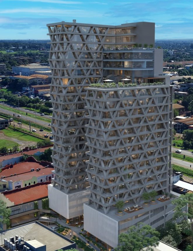 Render del edificio de oficinas HUB 8 en Ciudad del Este, torre de 24 plantas. Imagen: TECA